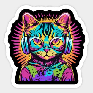 t-shirt design, colorful cat with headphones on, graffiti art psychedelic art, black background, synthwave, colorful Sticker